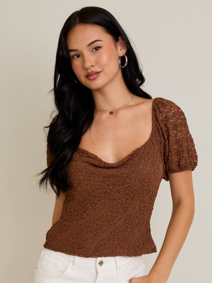 LE LIS - Wholesale Blouse - Women's - PUFF HALF SLEEVE COWL NECK LACE TOP0