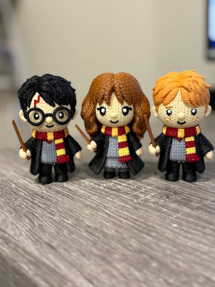3D Printed Knit Wizard Trio Figure, Harry, Hermione & Ron for wholesale by Upstate Design Decor