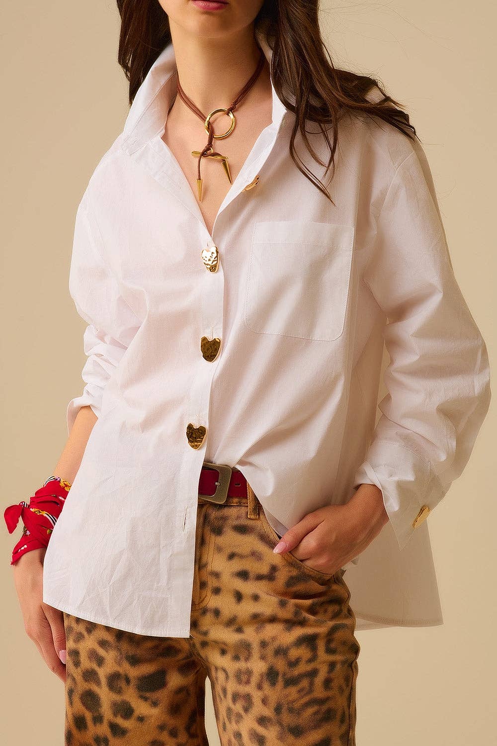 White Oversized Blouse with Gold Heart Buttons for wholesale on Faire4