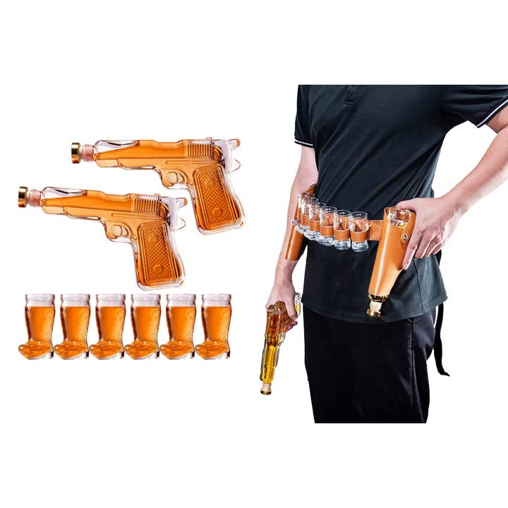 Pistol Gun Decanter & Pistol Shot Glasses Set - Holster for wholesale by The Wine Savant / Khen Glassware