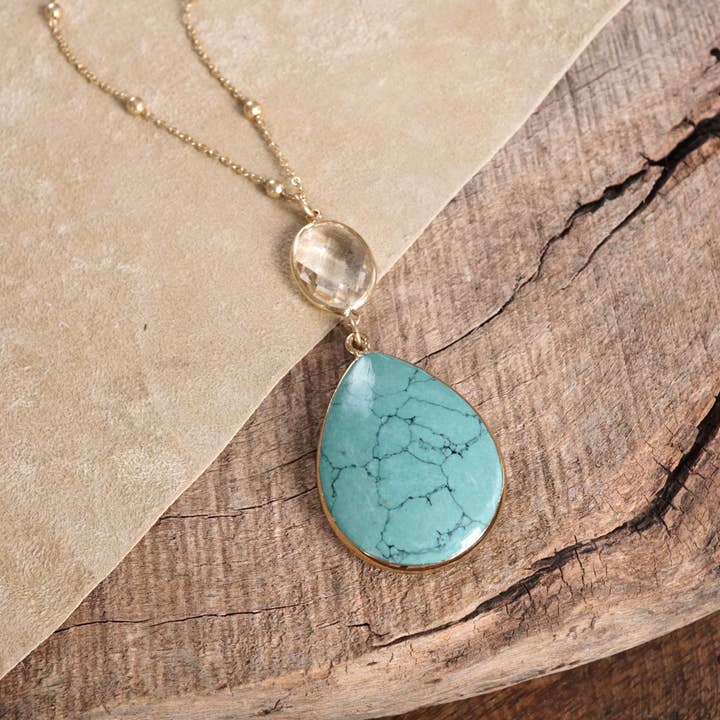PennyLine inc - Wholesale Pendant/Charm Necklace - Boho Minimal Long Necklace with Teardrop Natural Stone Pendant – Worn Gold Tone