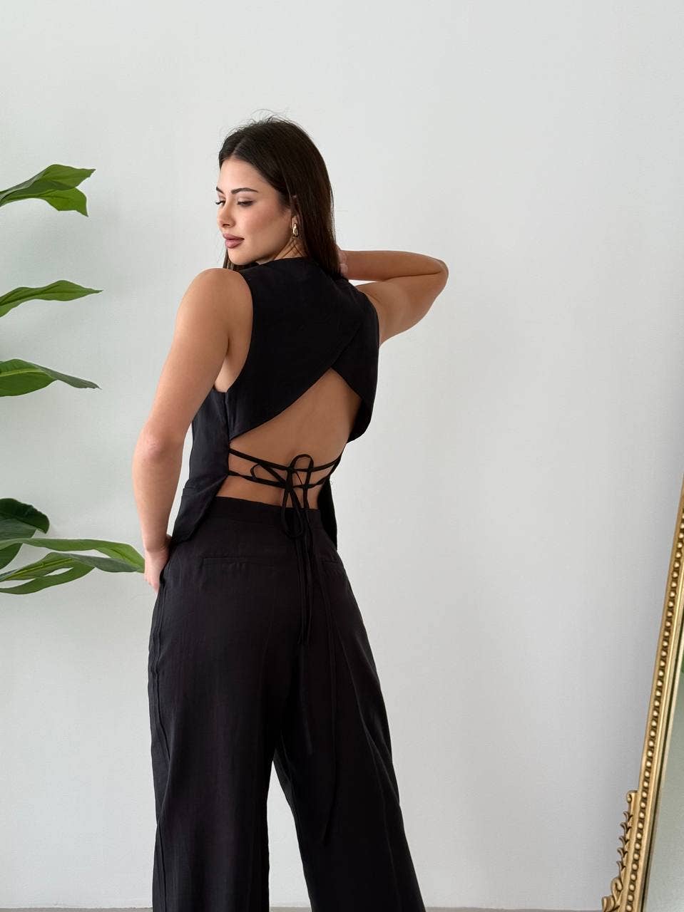 Design company-Fatma Balkir - Wholesale Suit Vest - Women's - Backless Tie-Up Vest and Pants Set – Linen Two Piece Outfi1