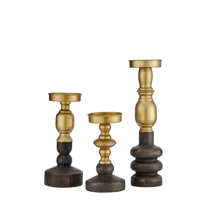 Danya B - Wholesale Candle holder - Nara Brass Wood Candlestick Pillar Candle Holders Set of 36