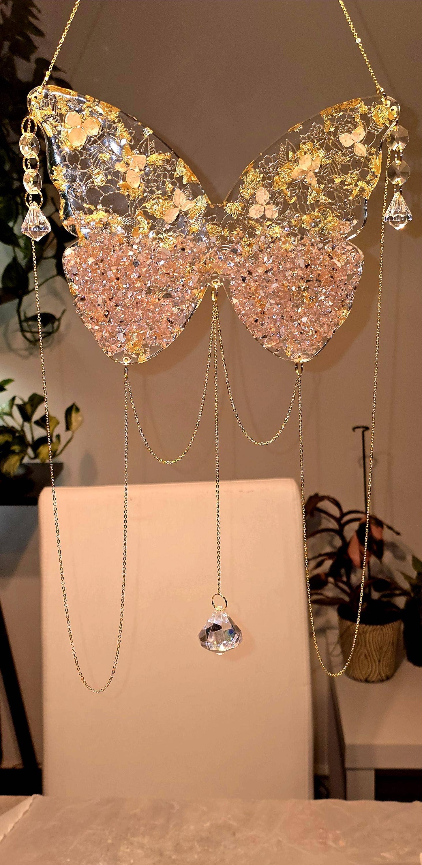 Grey Stone boutique – wholesale Suncatcher – Butterfly Crystal Suncatcher: Gold Leaf & Pink Resin Decor