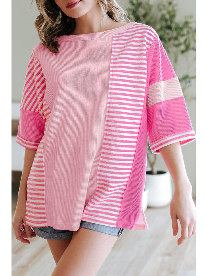 Stripe Color Block Patchwork Loose Half Sleeve T Shirt for wholesale on Faire