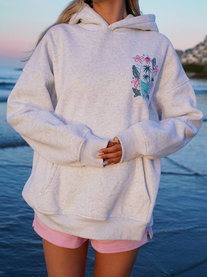 Pearl Grey Surfing The Waves Embroider Hoodie for wholesale on Faire14