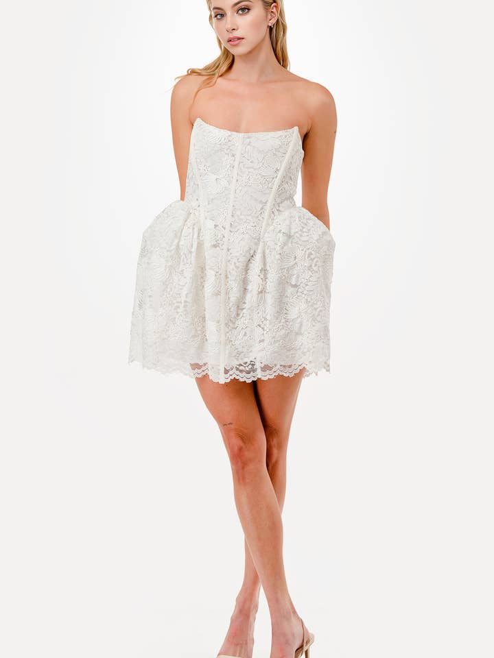Strapless Lace Rope Embroidery Puffy Mini Dress for wholesale by aube
