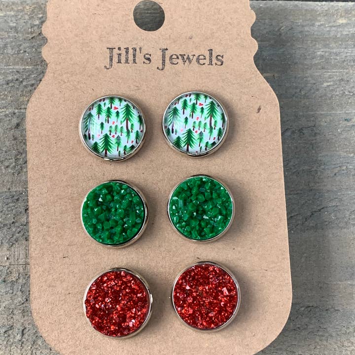 Set di orecchini triplo albero di Natale Druzy 3 per la vendita all'ingrosso da parte di Jill's Jewels