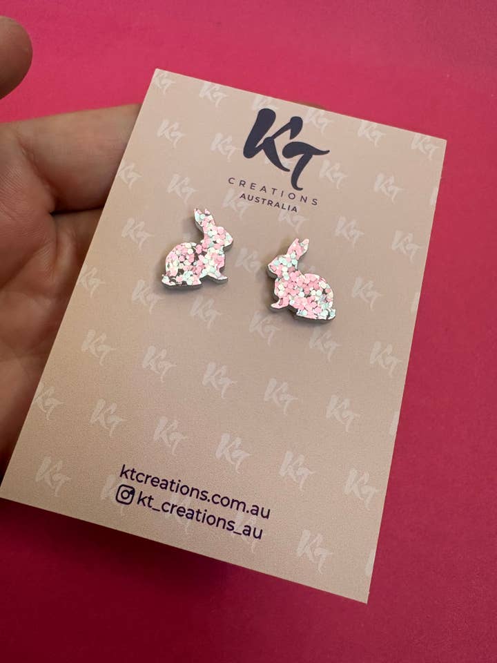 Rosa glitter bunny Easter Acrylic Rabbit Studs for wholesale by KT Creations Australia