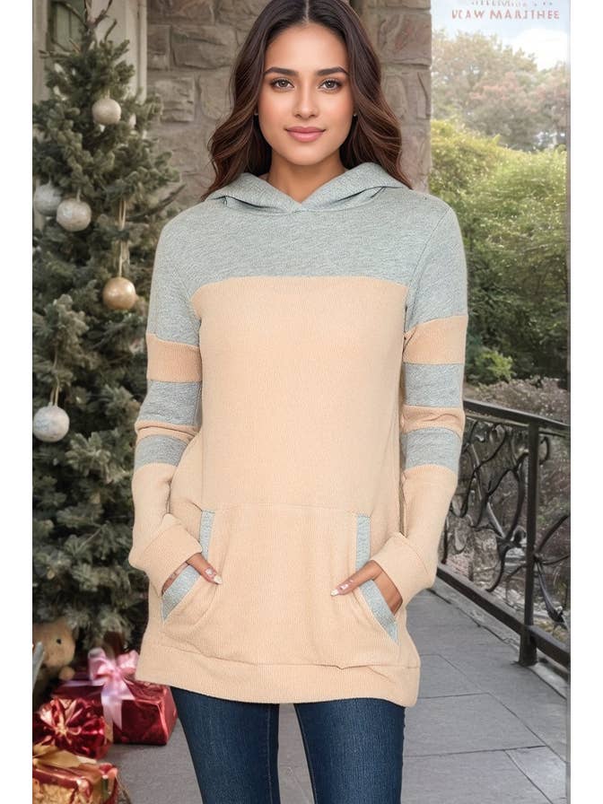 Burgundy Apparel - Wholesale Hoodie - Women's - COLOR BLOCK HOODIE TUNIC WITH FRONT POCKETS3