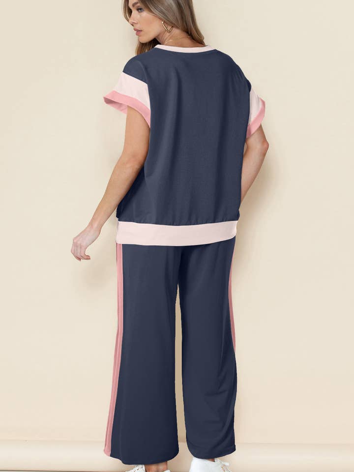 LALA LOO – wholesale Lounge set – Women's – LALALOO Colorblock Short Sleeve Top And Pants Set1