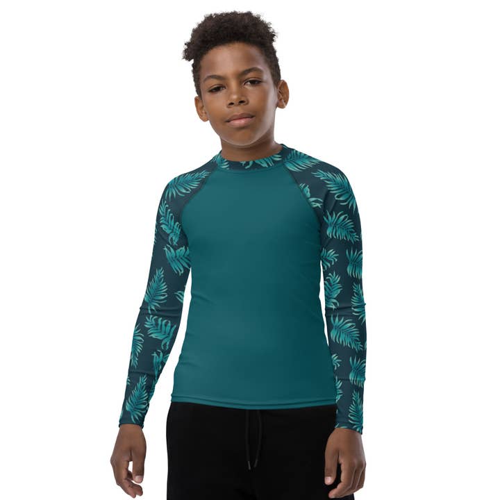 Youth Rash Guard - Palm Leaves in Blue Ombre for wholesale by The Shamal
