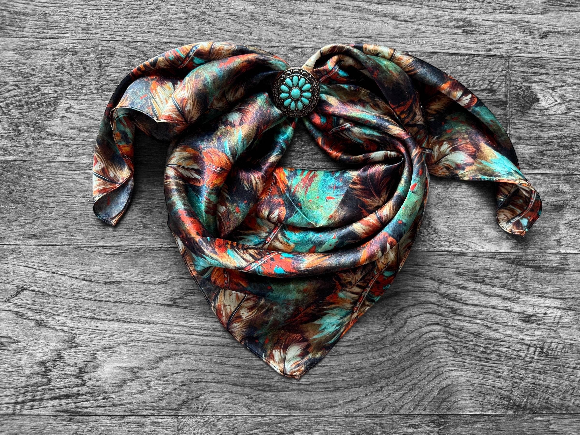 Double B Wild Rags - Wholesale Scarf - Women's - 100% Silk Wild Rag Deep Rust Brown and Teal Feathers by Double B Wild Rags0