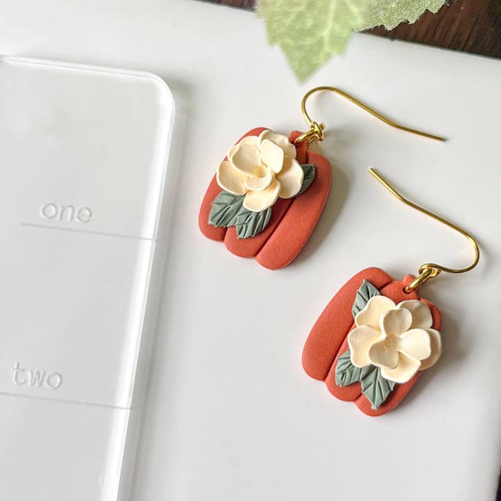 Orange Pumpkin earring with off white flower | 18k gold plated for wholesale by Retrochrome Creations
