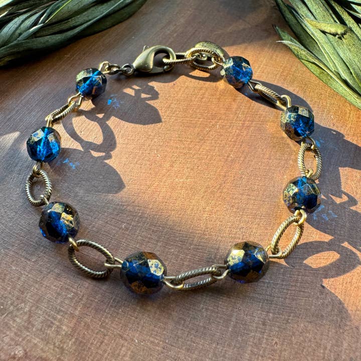 Bohemian Bead Bracelet Vintage Style Brass Capri Blue Beaded for wholesale by Vintage Earth