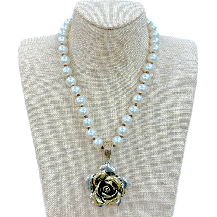 Two Tone Rose Pendant on Crystal Pearl Necklace for wholesale by Accessories To Go