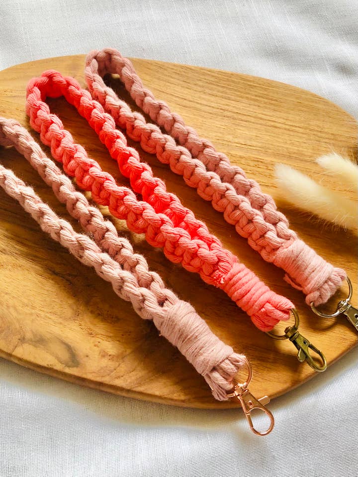 Pink Flat Square Knot Boho Macrame Wristlet Keychain for wholesale by Make My Day Design
