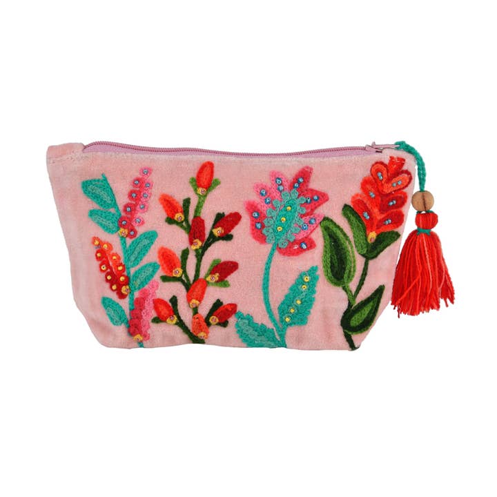 3MXPC070_RSRD ROSE VELVET BEADED FLORAL POUCH 7x4" for wholesale by Karma Living
