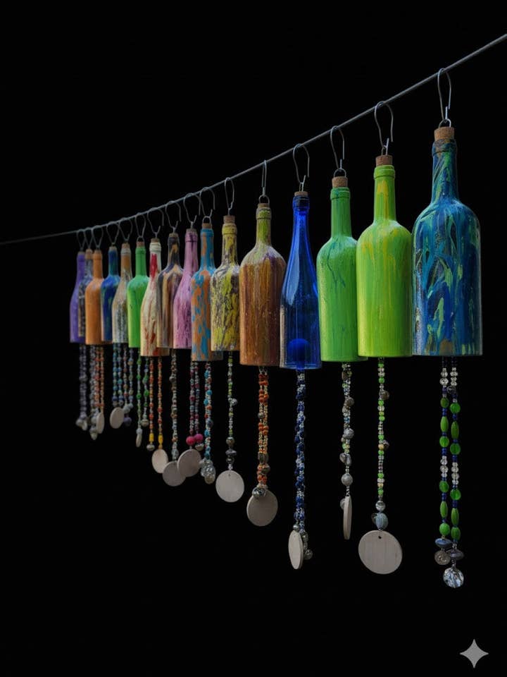 Hand Painted Wine Bottle Wind Chime | Upcycled Glass Garden Art | Custom Color Outdoor Decor | Boho Capiz Shell Mobile | Unique Housewarming Gift for wholesale by Cling Gaoth Wind Chimes