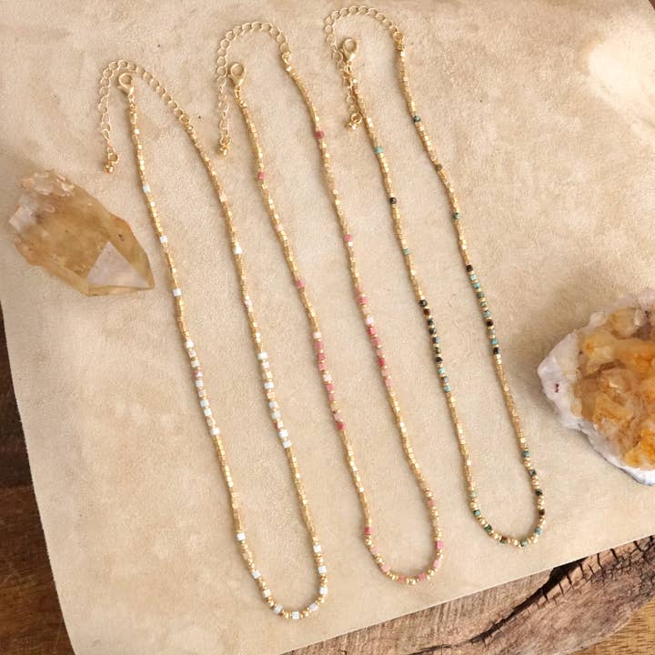 PennyLine inc - Wholesale Beaded/Pearl Necklace - Dainty Classic Beaded Necklace – Matte Gold and Semi-Precious Stones