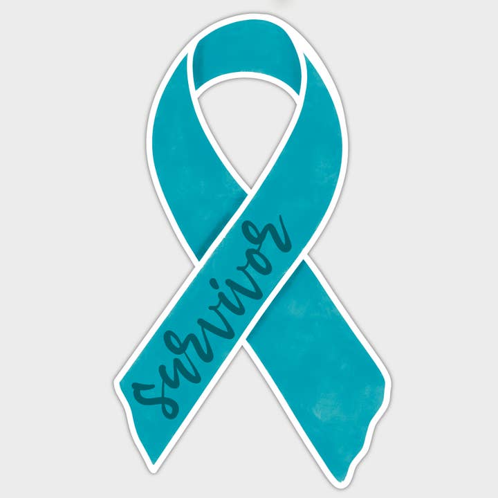 Ovarian Cancer Teal Ribbon Waterproof/Weatherproof Sticker for wholesale by Amanda Dolce Designs
