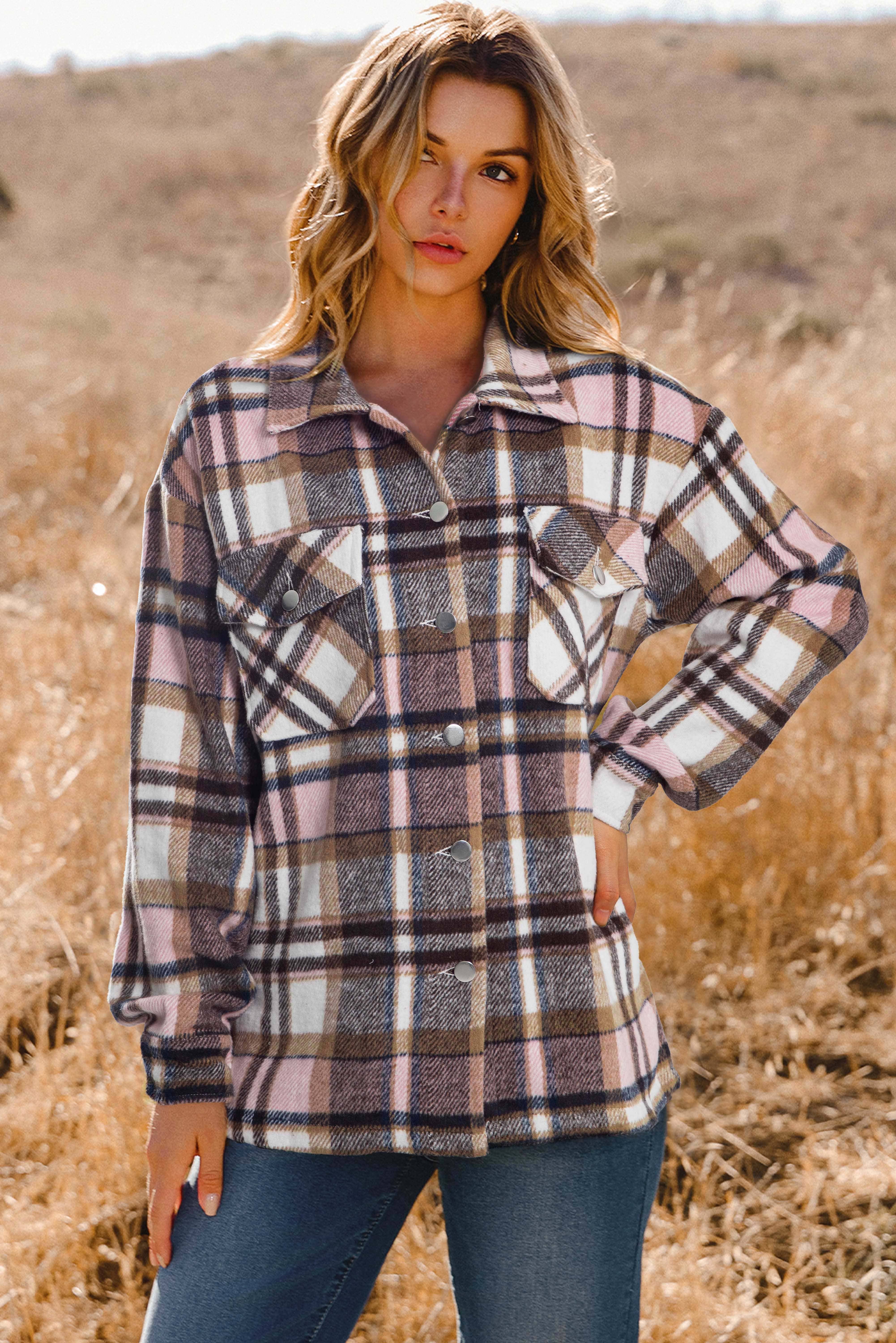 fashionworks - Wholesale Shirt Jacket/Shacket - Women's - Geometric Plaid Print Pocketed Shacket2