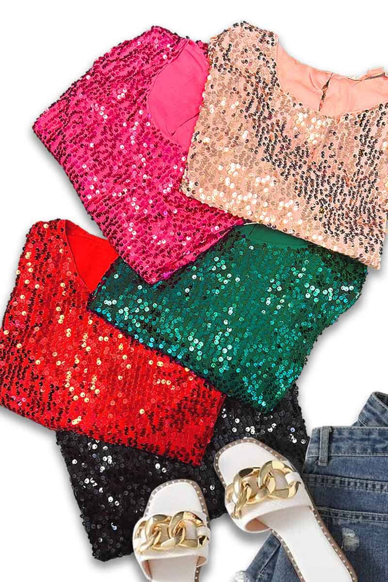 Vine & Love - Wholesale Blouse - Women's - Round Neck Short Puff Sleeve Sequin Blouse Top  VT60150-6