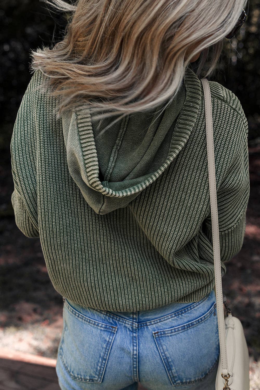 Mist Green Mineral Wash Ribbed Knit Button Drawstring Neck Hooded Sweater for wholesale on Faire3