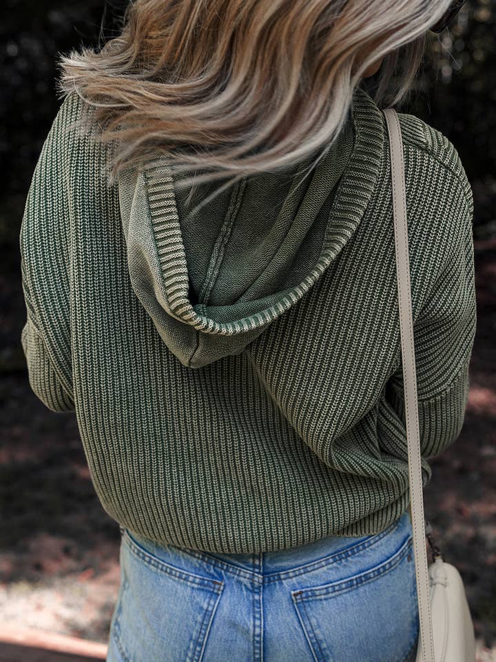 Mist Green Mineral Wash Ribbed Knit Button Drawstring Neck Hooded Sweater for wholesale on Faire3