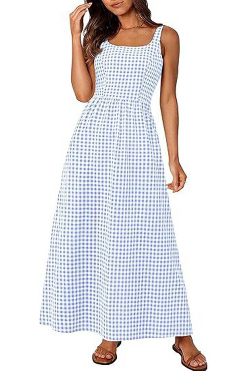 NINEXIS - Wholesale Dress - Women's - CWDHL1084_SPAGHETTI STRAP SQUARE NECK PLAID SHIRRED DRESS5
