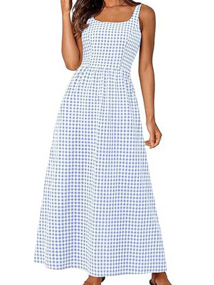 NINEXIS - Wholesale Dress - Women's - CWDHL1084_SPAGHETTI STRAP SQUARE NECK PLAID SHIRRED DRESS5