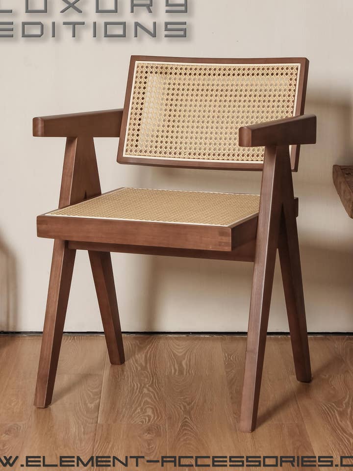 Luxury Edition: chair Pierre Jeanneret walnut + rattan for wholesale by Element Accessories EU