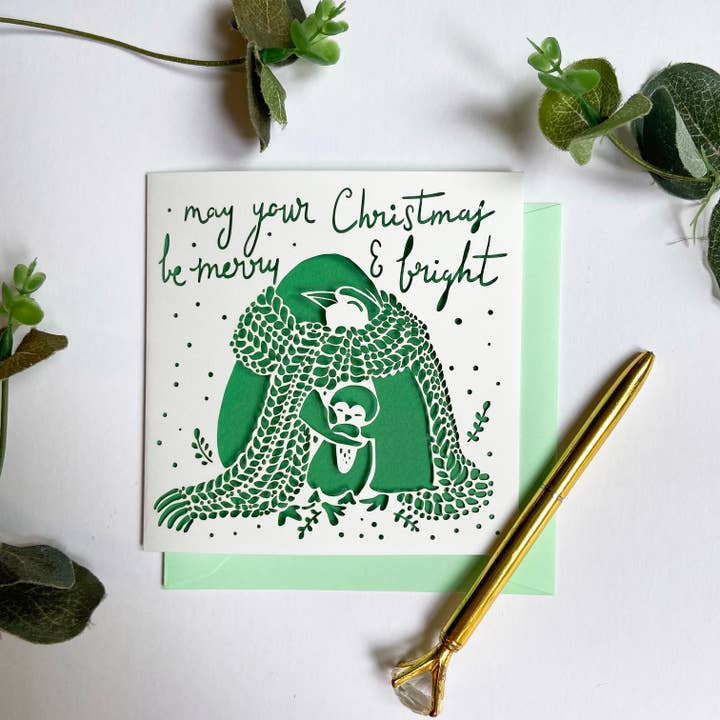 Cartão de Natal da família Penguin, cartão de Natal para pais por atacado de Chow's Stories