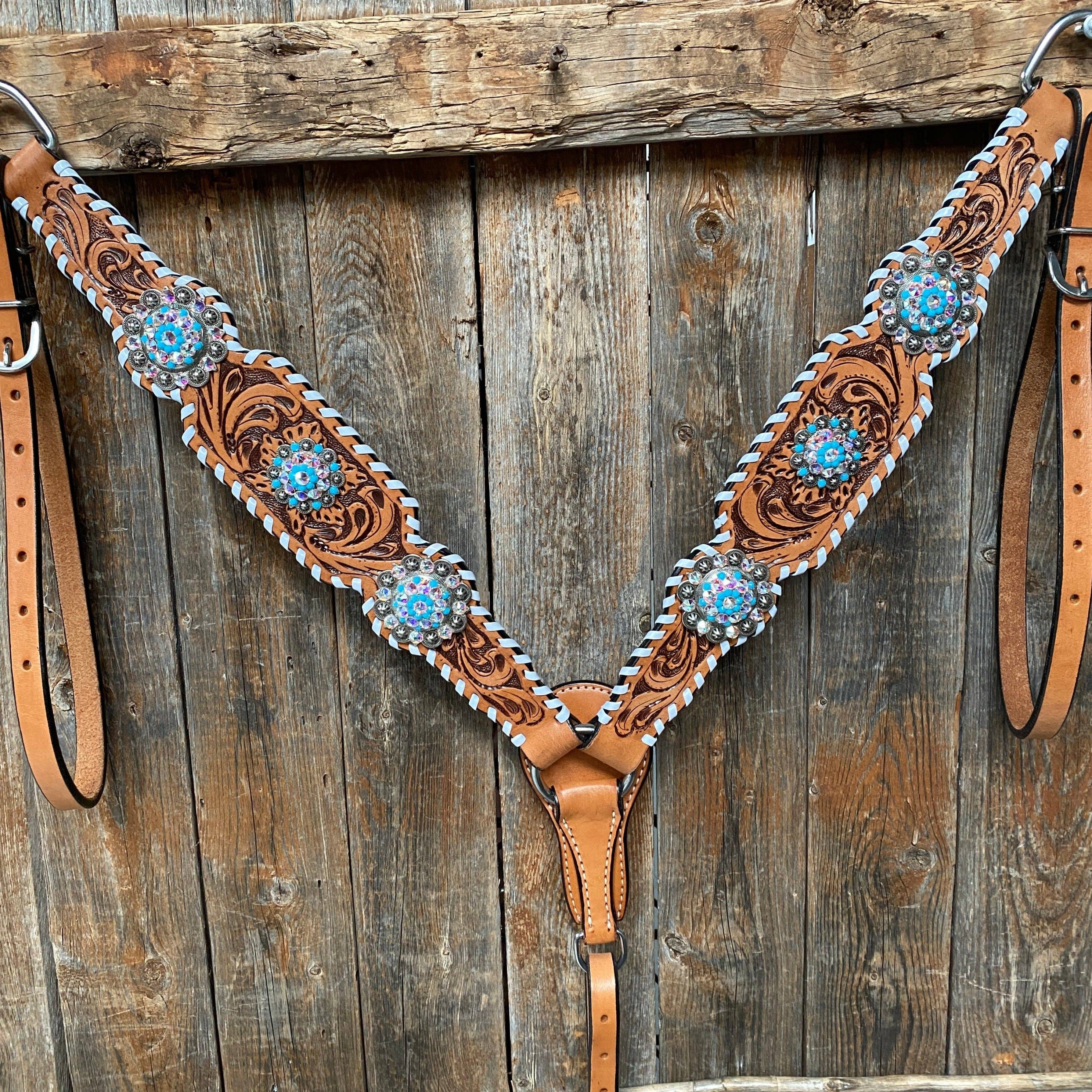 Rodeo Drive - Wholesale Horseback Riding Gear - Whipstitch Turquoise & AB Browband/One Ear Tack Set with Wither Strap  #BBBC4634
