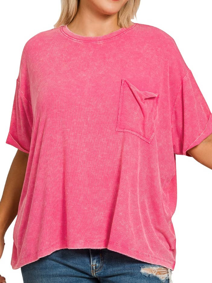 Plus vasket ribbet kortærmet top med rund hals for engroshandel hos Vanilla Monkey