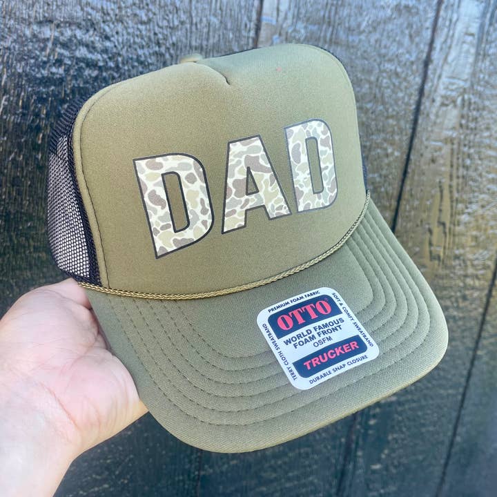 Olive Green Camo Dad Trucker Hat for wholesale on Faire0
