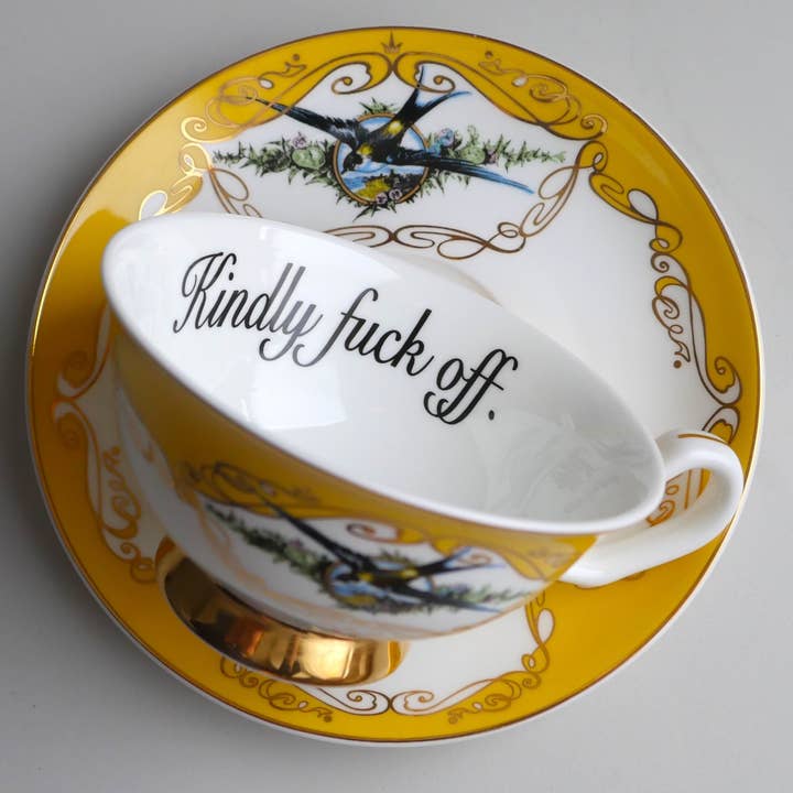 misshavishamscuriosities - Wholesale Tea Set - Yellow bird insult teacup and saucer: Kindly fuck off