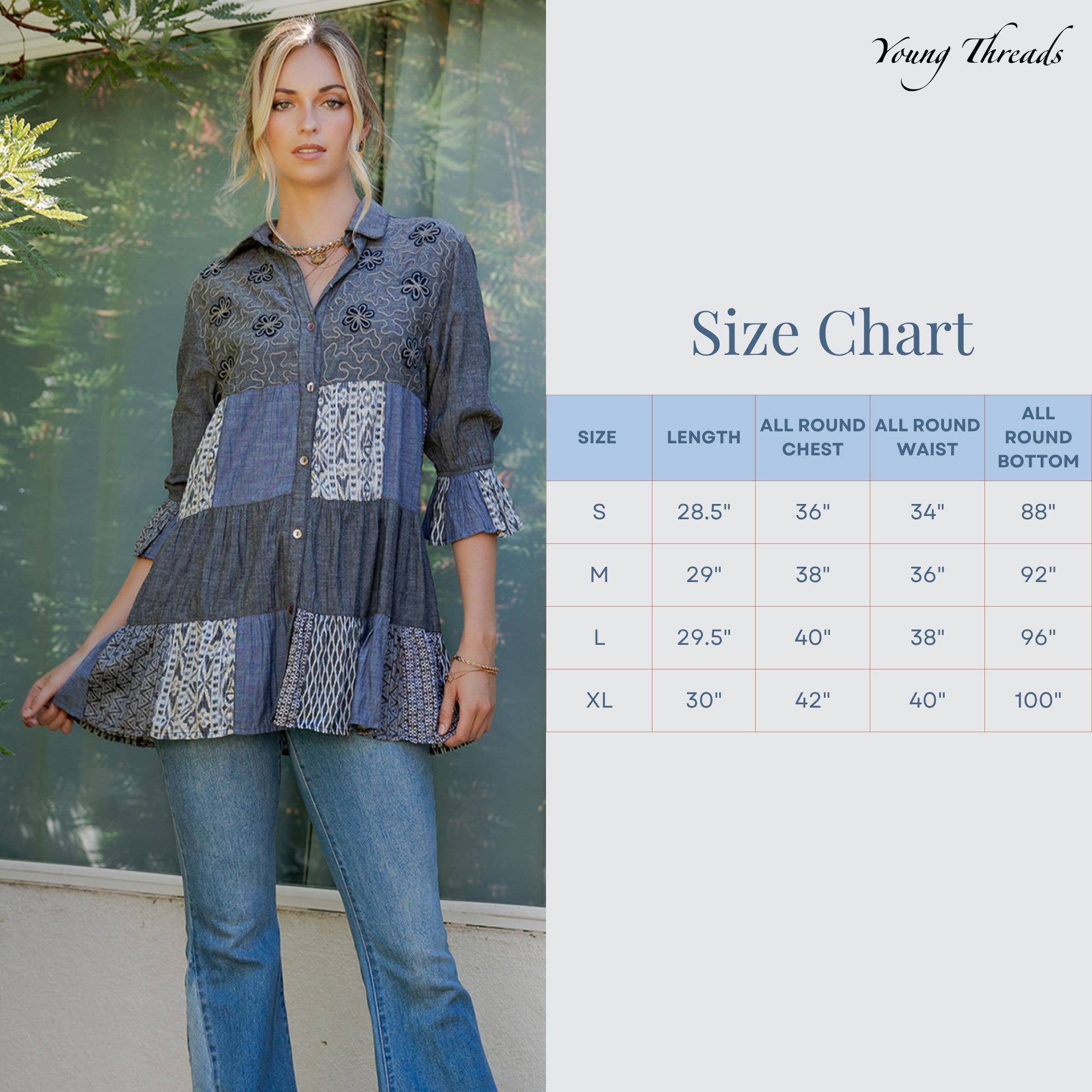 Young Threads - Wholesale Blouse - Women's - Western Denim Yoke Patchwork Tiered Tunic Top (New Color)15
