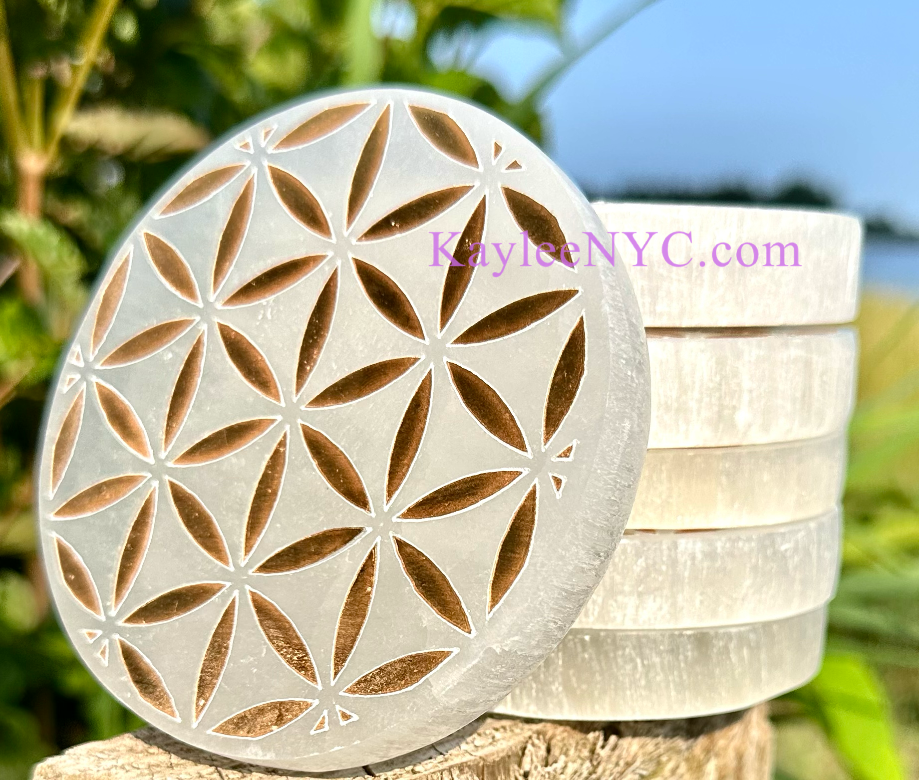 KayleeNYC - Wholesale Crystal Charging Plate - Selenite aka Satin Spar Flower of Life Charging Plate2