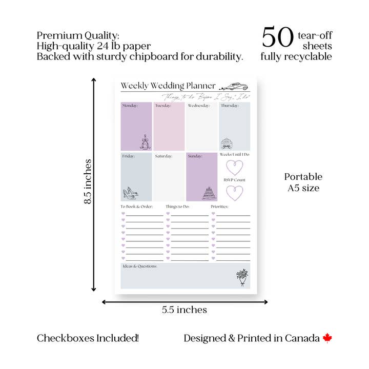 Eleventh and Taylor - Wholesale Notepad - Weekly Wedding Planner: 50-Page Tear Off Notepad4