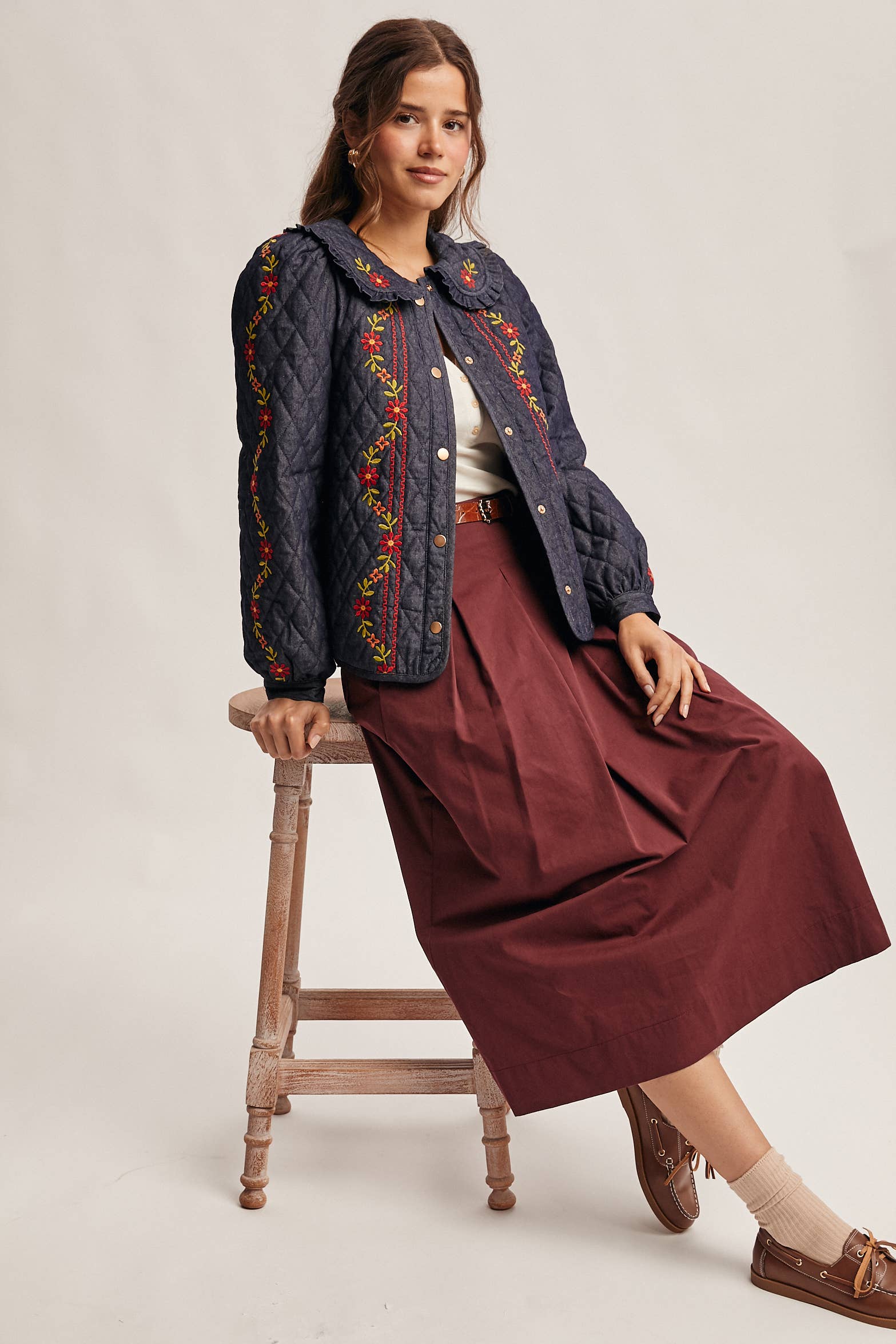 Midnat Indigo Broderet quiltet denimjakke FJ0008 for engroshandel på Faire17