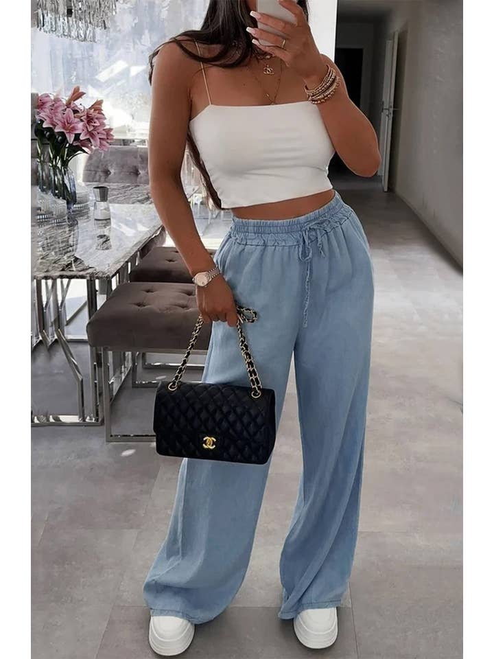 Indigo Zarina Wide Leg Pocket Detail Trousers-Indigo for wholesale on Faire
