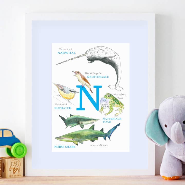 Animal Alphabet Letter N, Nursery Print Baby First Christmas for wholesale by Sarah Gregory Designs