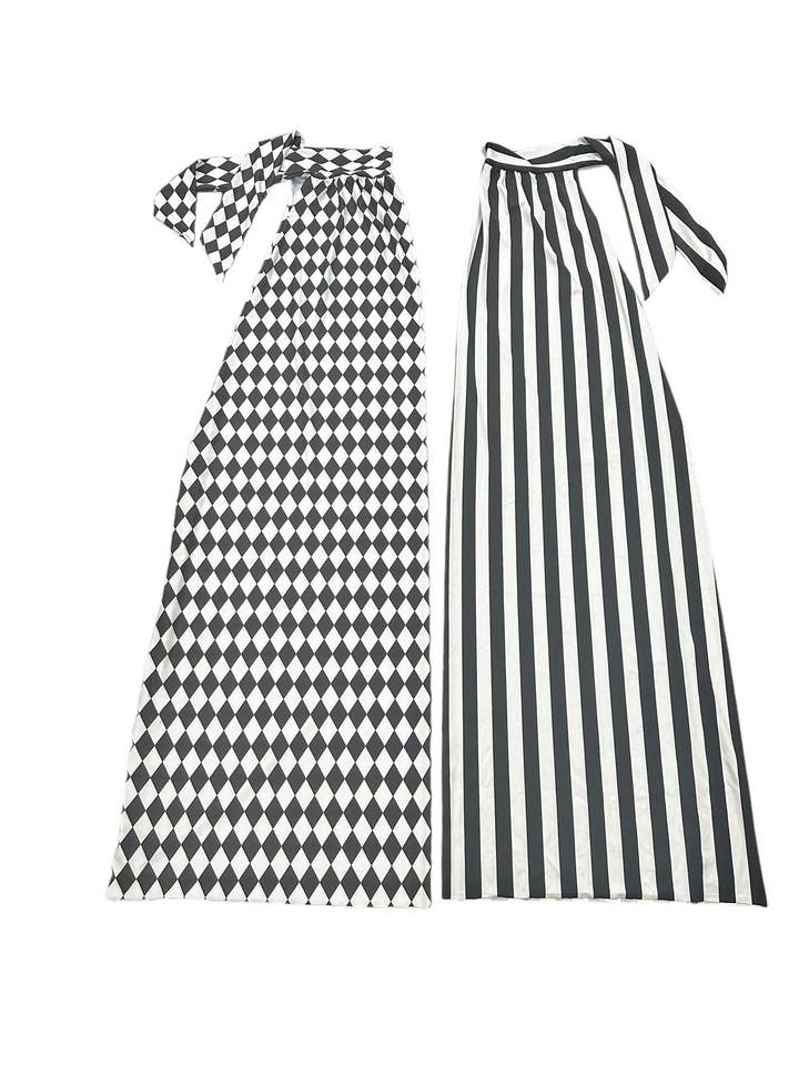 Stylteovertræk med delt ben i stretch-spandex, vovet harlekin- og stribegrafikmønster, tilpasset pasform i højtaljet palazzo-stil, fuldlængde performance-tøj til festivaler og events, sort og hvid for engroshandel hos Kikimora Fashion