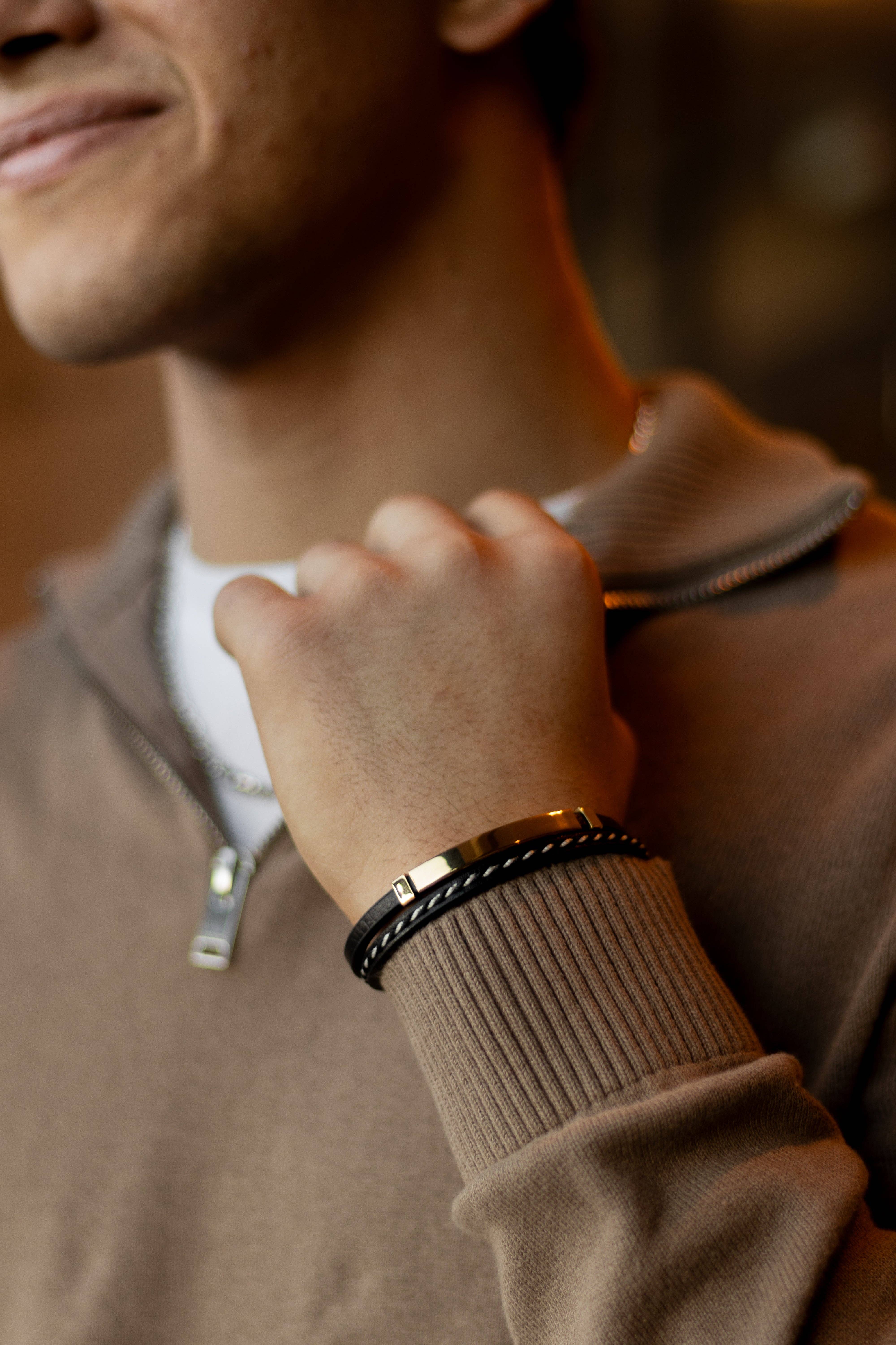 Sedy Jewelry - Wholesale Jewelry - Men's - Men’s Black Leather Bracelet with Gold-Tone Stainless Steel 1