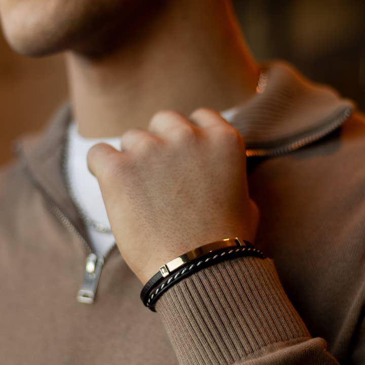 Sedy Jewelry - Wholesale Jewelry - Men's - Men’s Black Leather Bracelet with Gold-Tone Stainless Steel 1