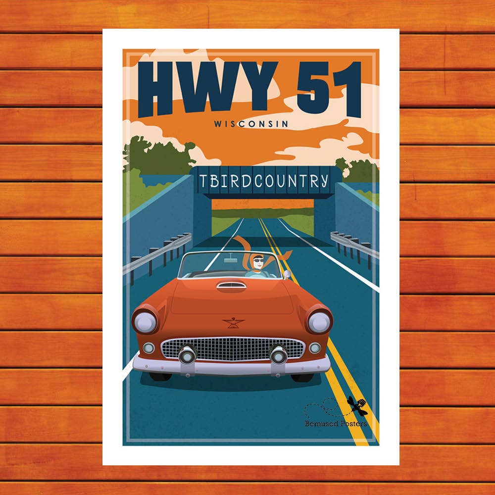 Bemused Creative - Wholesale Poster - Minocqua Highway 51 T-Bird Country Bridge Retro Travel Poster Prints0