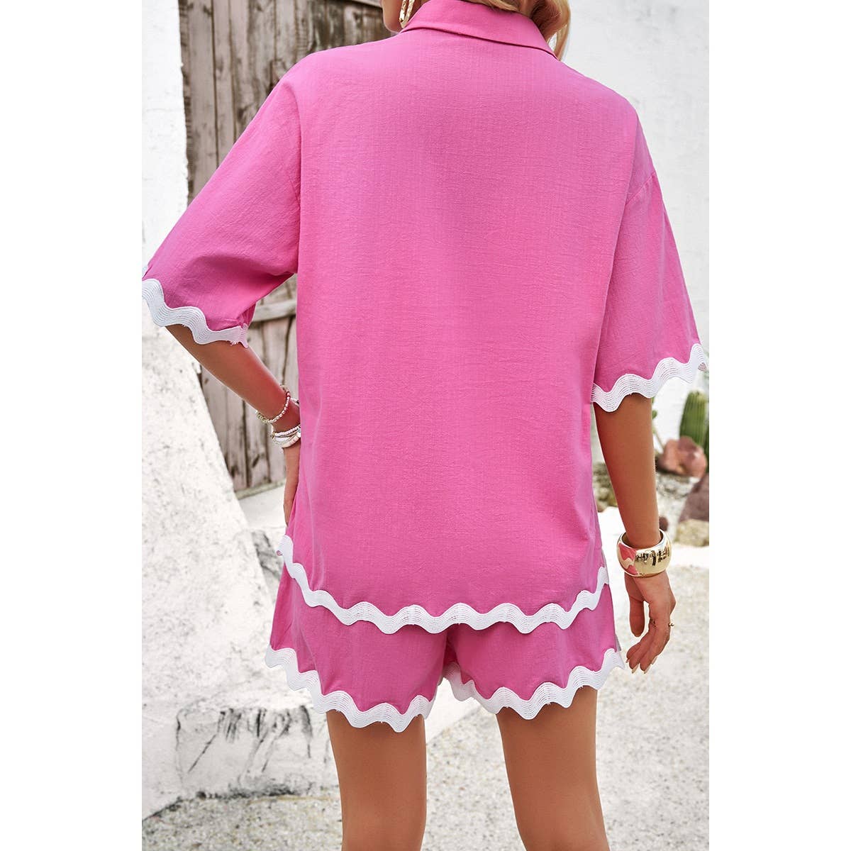 FUCHSIA Bølge Interlaced Linned Løs Pasform Shorts Sæt for engroshandel på Faire2