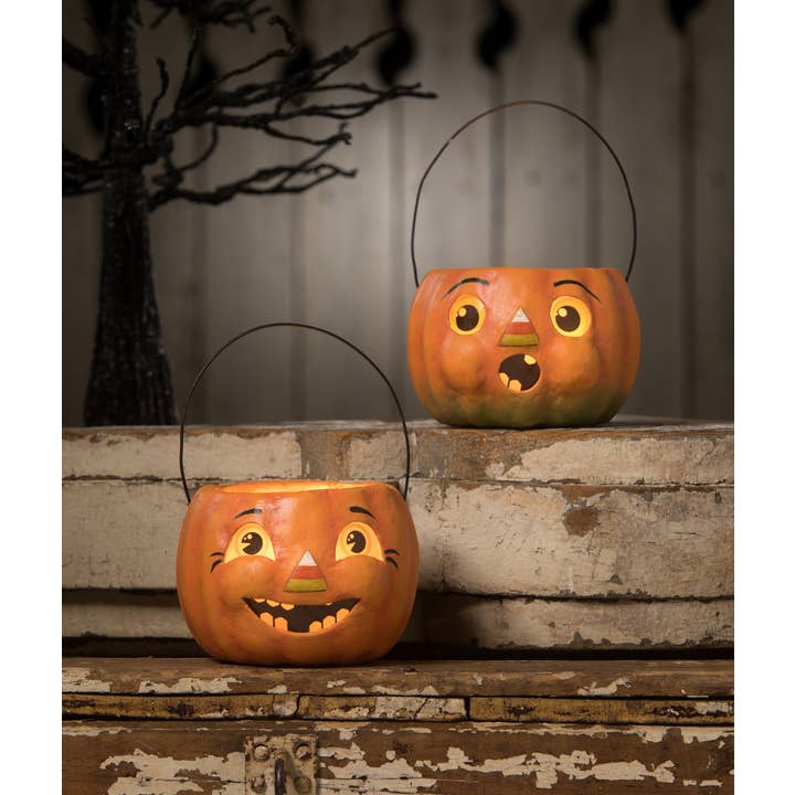 Bethany Lowe Designs - Wholesale Decorative Figurine - Happy Candy Corn Pumpkin Bucket Paper Mache Petite