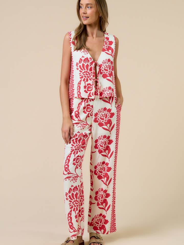 Ensemble pantalon avec haut imprimé à nouer devant pour la vente par Lalavon